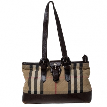 Pre Owned Burberry Beige/Brown Nova Check Canvas and Leather Buckle Flap Tote 