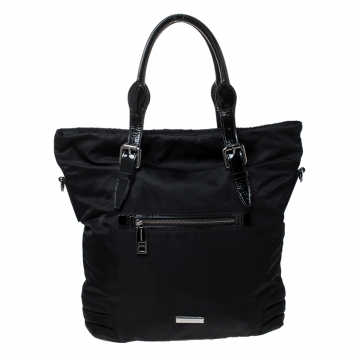 Pre Owned Burberry Black Nylon and Patent Leather Front Pocket Tote