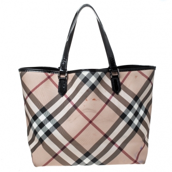 Pre Owned Burberry Beige/Black Nova Check PVC and Patent Leather Shopper Tote