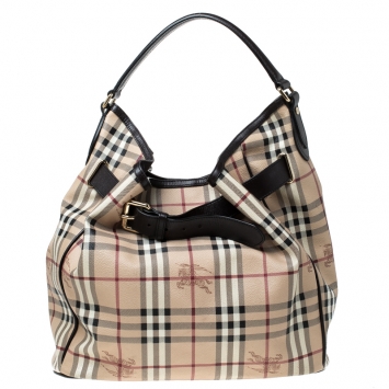 Pre Owned Burberry Beige/Brown Haymarket Check Canvas and Leather Medium Walden Belted Hobo