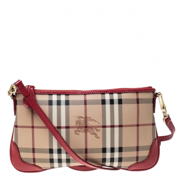 Pre Owned Burberry Beige/Pink Haymarket Check Coated Canvas and Patent Leather Crossbody Bag