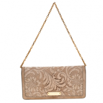 Pre Owned Burberry Light Brown Lace and Suede Flap Shoulder Bag