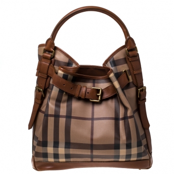 Pre Owned Burberry Brown Smoked Check PVC and Leather Walden Hobo 