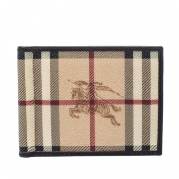 Pre Owned Burberry Beige/Brown Haymarket PVC Clip Bifold Wallet