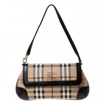 Pre Owned Burberry Beige/Brown Haymarket Check Coated Canvas and Leather Flap Pochette