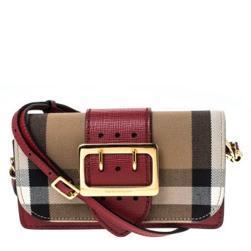 Pre Owned Burberry Beige/Red House Check Canvas and Leather Small Bridle Madison Buckle Bag