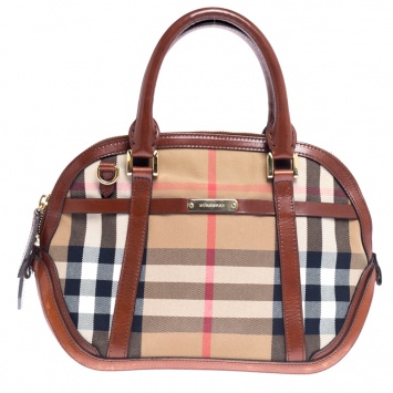 Pre Owned Burberry Beige House Check Fabric and Leather Orchard Bowler Bag