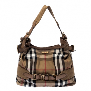 Pre Owned Burberry Beige House Check Canvas and Leather Large Parsons Hobo