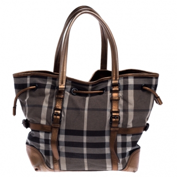 Pre Owned Burberry Grey/Bronze Shimmer Check Canvas and Leather Drawstring Tote