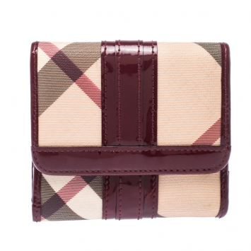 Pre Owned Burberry Burgundy/Beige Nova Check PVC and Patent Leather French Wallet