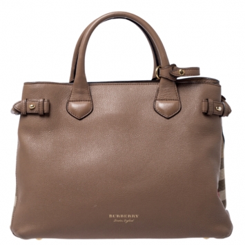 Pre Owned Burberry Brown Leather and House Check Fabric Medium Banner Tote
