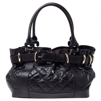Pre Owned Burberry Dark Brown Quilted Leather Large Beaton Tote