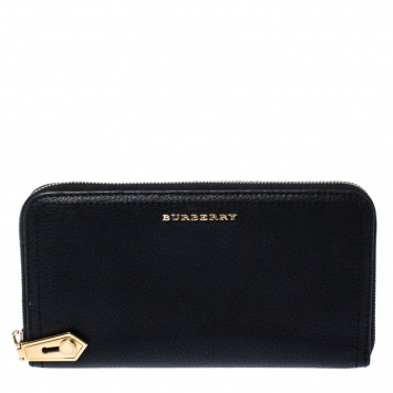 Pre Owned Burberry Black Leather Continental Zip Wallet
