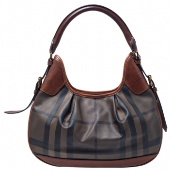 Pre Owned Burberry Dark Tan Nova Check Coated Canvas and Leather Small Brooklyn Hobo
