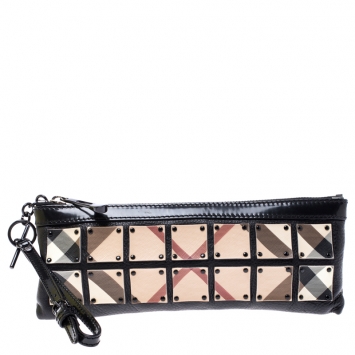 Pre Owned Burberry Black Nova Check PVC and Leather Zip Wristlet Clutch