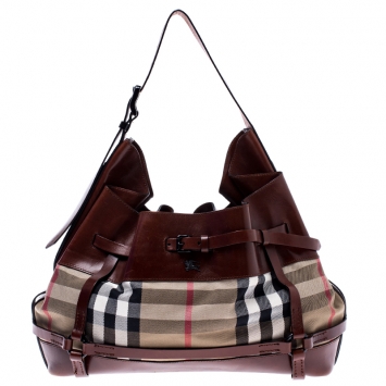 Pre Owned Burberry Brown/Beige House Check Canvas and Leather Bridle Hobo