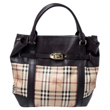 Pre Owned Burberry Beige/Brown Haymarket Check Coated Canvas and Leather Willenmore Tote