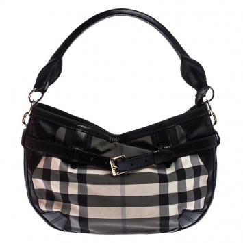 Pre Owned Burberry Black/Grey Beat Check Canvas and Leather Belted Hobo