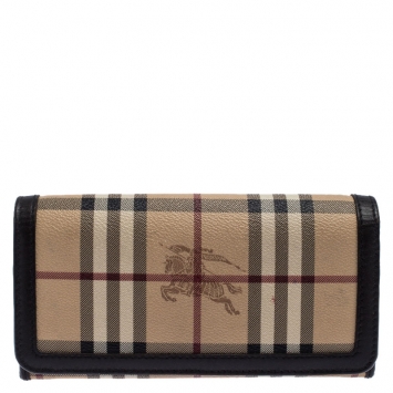 Pre Owned Burberry Beige/Brown Haymarket Check Coated Canvas and Leather Continental Flap Wallet