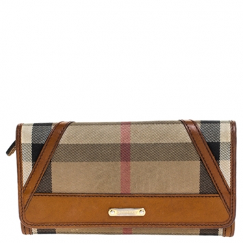 Pre Owned Burberry Brown/Beige House Check Fabric and Leather Leighton Continental Wallet