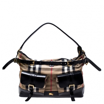Pre Owned Burberry Black/Beige Nova Check Fabric and Leather Front Pocket Buckle Hobo