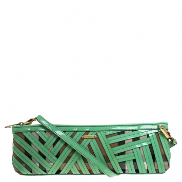 Pre Owned Burberry Green/Beige Canvas and Patent Leather Prorsum Parmoor Clutch
