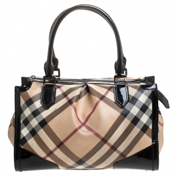 Pre Owned Burberry Beige/Black Supernova Check Coated Canvas and Patent Leather Madison Diaper Bag