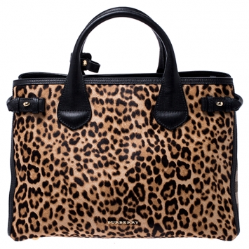 Pre Owned Burberry Brown/Black Leopard Print Calfhair and Leather Medium Banner Tote