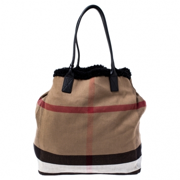 Pre Owned Burberry Beige/Black House Check Canvas and Leather with Shearling Lining Tote