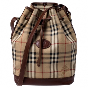 Pre Owned Burberry Beige/Brown Haymarket Check Canvas and Leather Drawstring Bucket Bag