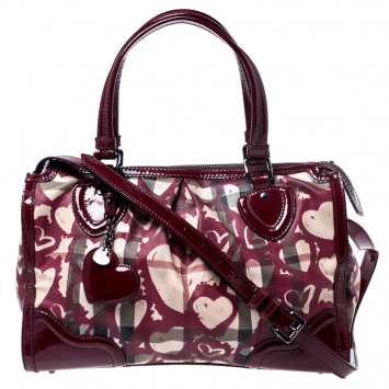Pre Owned Burberry Red House Check Coated Canvas and Patent Leather Hearts Pilgrim Satchel