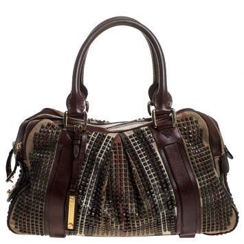 Pre Owned Burberry Beige/Brown House Check Fabric and Leather Studded Ashbury Knight Satchel