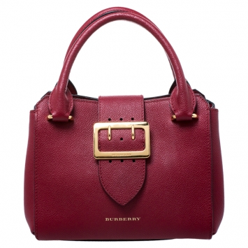Pre Owned Burberry Red Grainy Leather Small Buckle Tote
