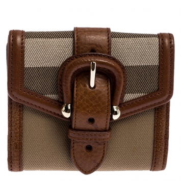 Pre Owned Burberry Brown/Beige Nova Check Canvas and Leather Buckle Compact Wallet