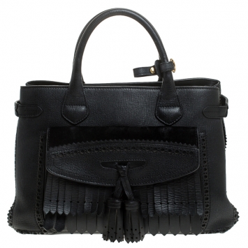Pre Owned Burberry Black Leather Brogues Banner Fringe Tote