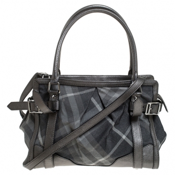 Pre Owned Burberry Grey Shimmer Check Canvas and Leather Pilgrim Tote 