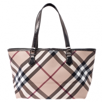 Pre Owned Burberry Beige/Metallic Nova Check PVC and Patent Leather Shopper Tote