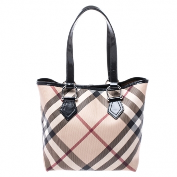 Pre Owned Burberry Beige/Black Nova Check Coated Canvas and Patent Leather Tote