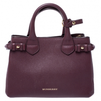 Pre Owned Burberry Burgundy Leather and House Check Fabric Small Banner Tote