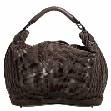 Pre Owned Burberry Brown Perforated Suede and Leather Hobo