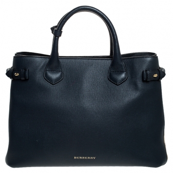 Pre Owned Burberry Navy Blue Leather and House Check Fabric Medium Banner Tote