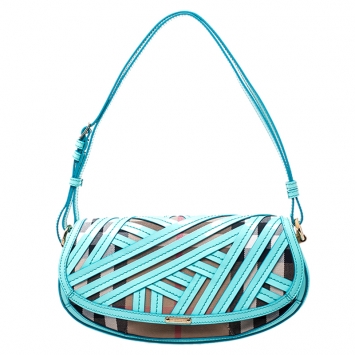 Pre Owned Burberry Turquoise/Beige Patent Leather and House Check Canvas Lilford Shoulder Bag