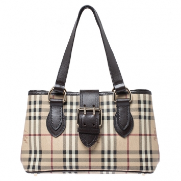 Pre Owned Burberry Beige/Dark Brown Haymarket Check Coated Canvas Shoulder Bag