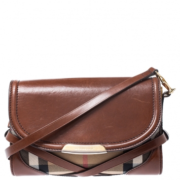 Pre Owned Burberry Brown/Beige Nova Check Fabric and Leather Abbott Crossbody Bag