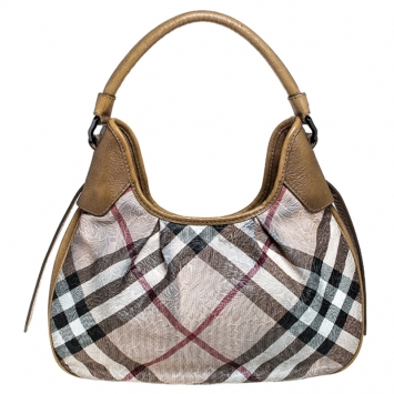 Pre Owned Burberry Beige Embossed Nova Check Coated Canvas Brooklyn Hobo