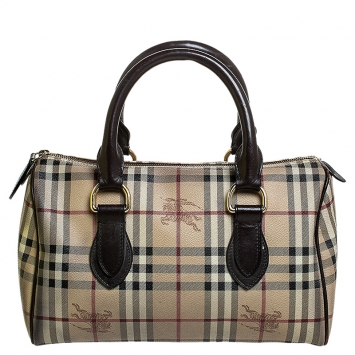 Pre Owned Burberry Beige/Brown Haymarket Check Coated Canvas and Leather Boston Bag