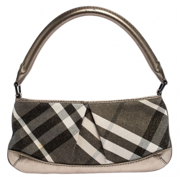 Pre Owned Burberry Metallic Gold/Grey Canvas and Leather Small Baguette