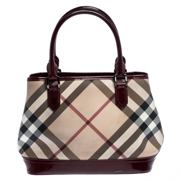 Pre Owned Burberry Maroon Patent Leather and Nova Check Canvas Tote