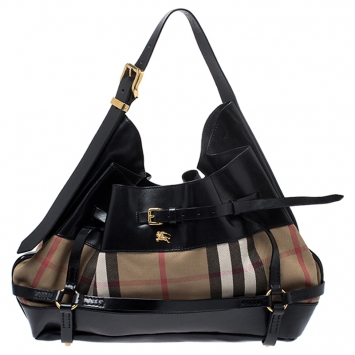 Pre Owned Burberry Black/Beige House Check Canvas and Leather Bridle Hobo