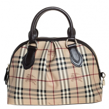 Pre Owned Burberry Beige/Dark Brown Haymarket Check PVC and Leather Thornley Satchel